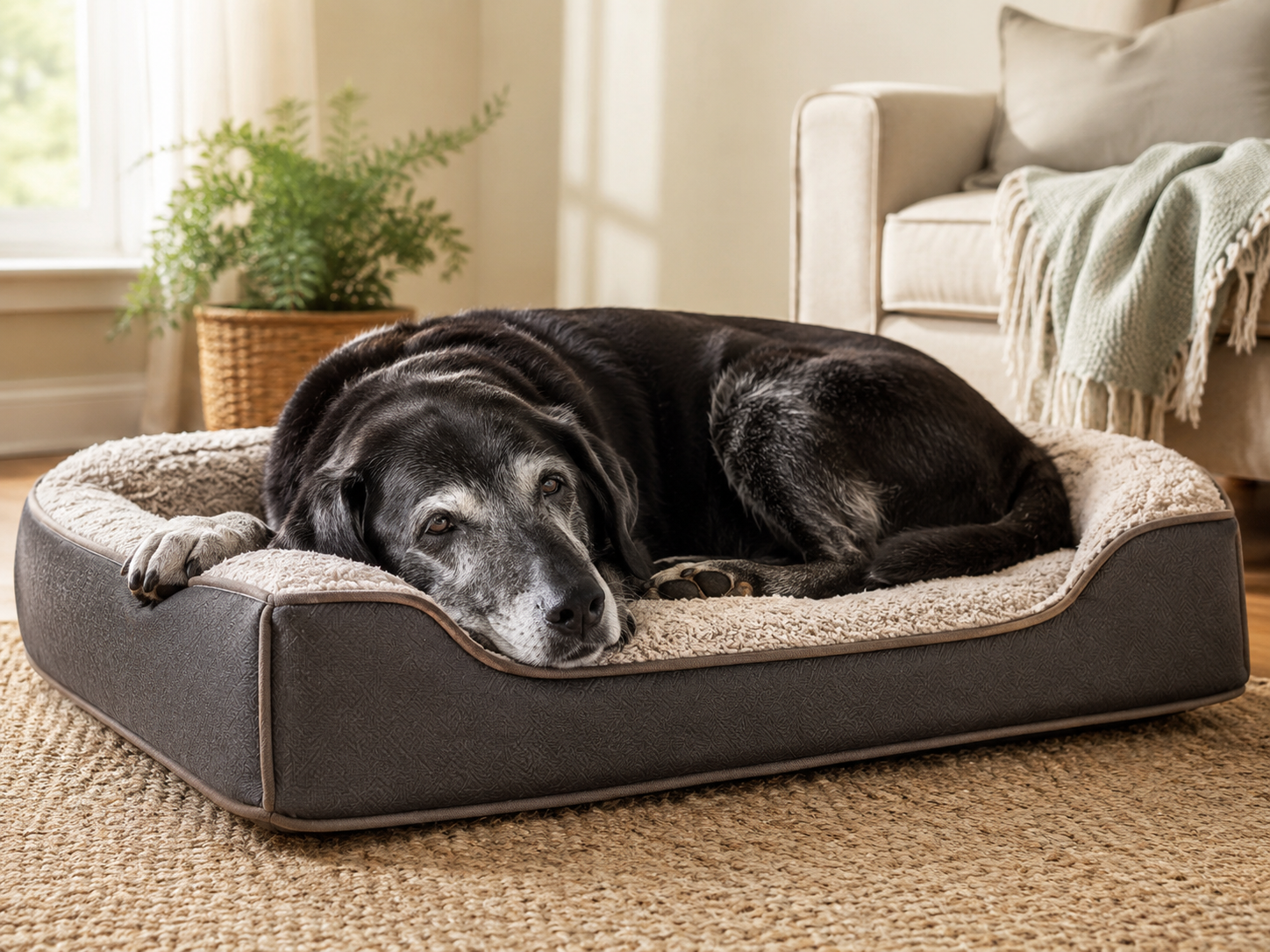 Older dog resting comfortably on a supportive dog bed