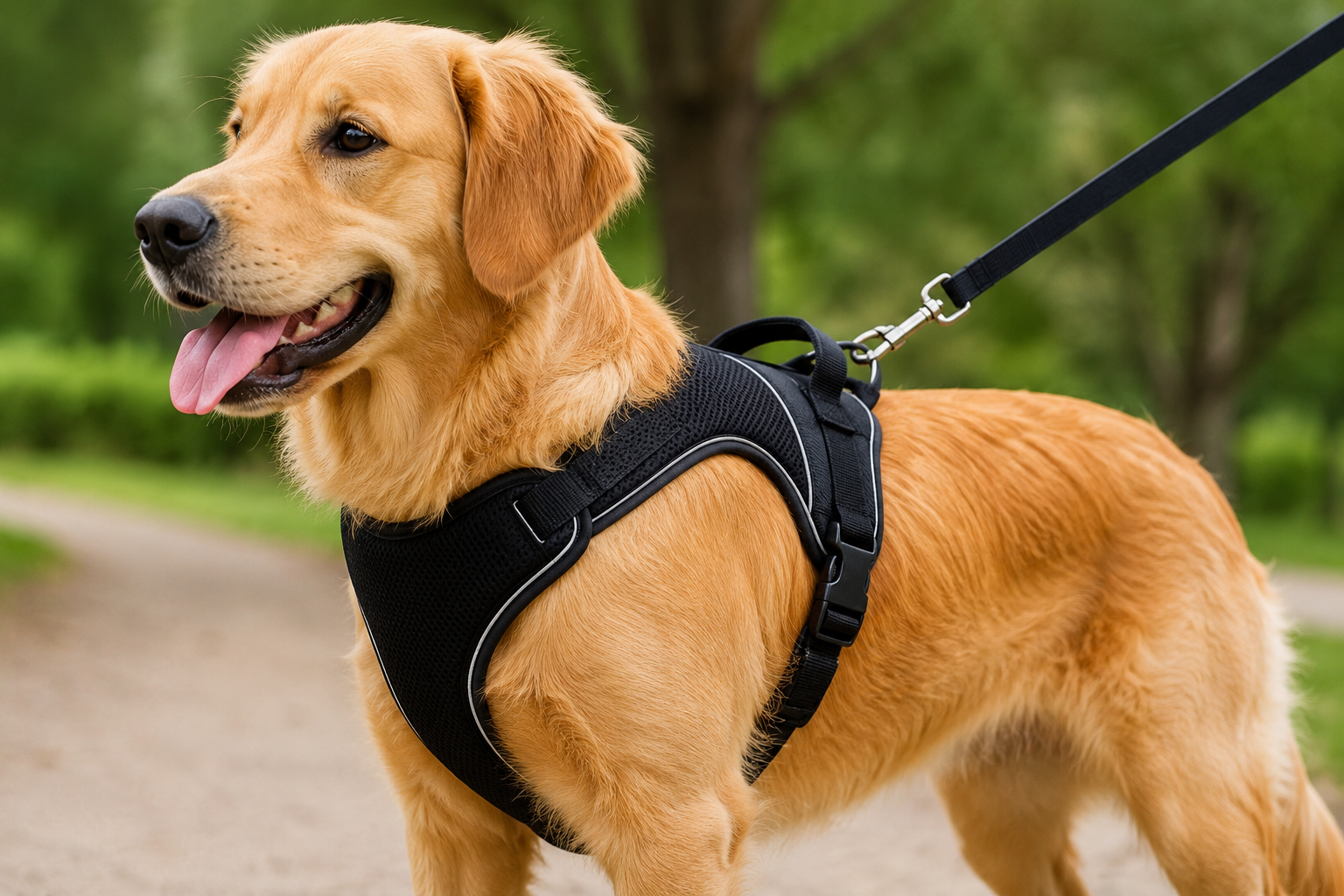Golden retriever wearing a harness