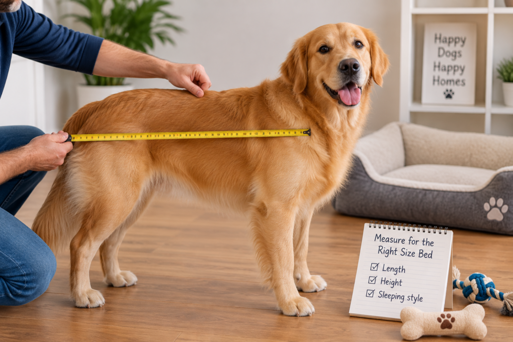 Golden retriever being measured for the size dog bed